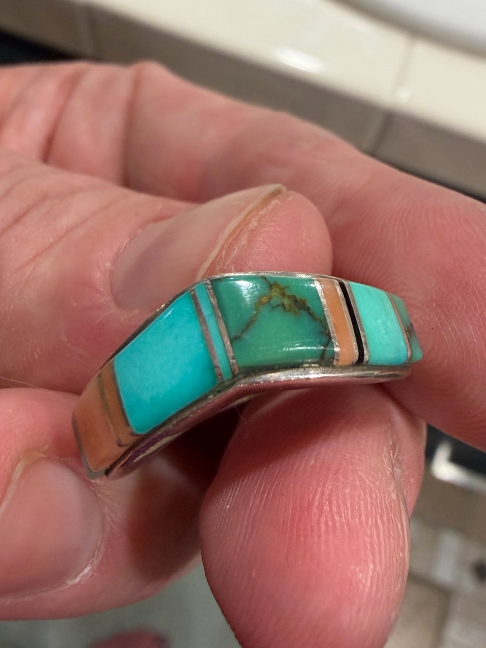 Antique Handcrafted Turquoise and Coral Inlay Sterling Ring